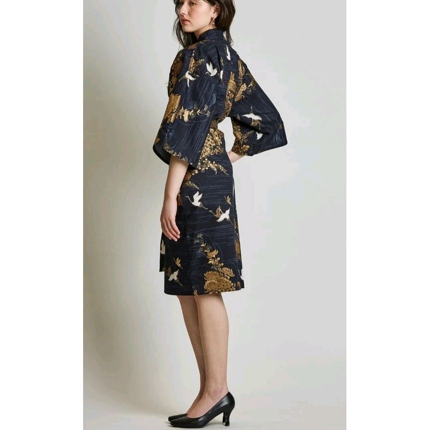 Japanese Kyoto Kimono 100% Cotton Robe Navy White Cranes Gold Floral Us M Sz 42